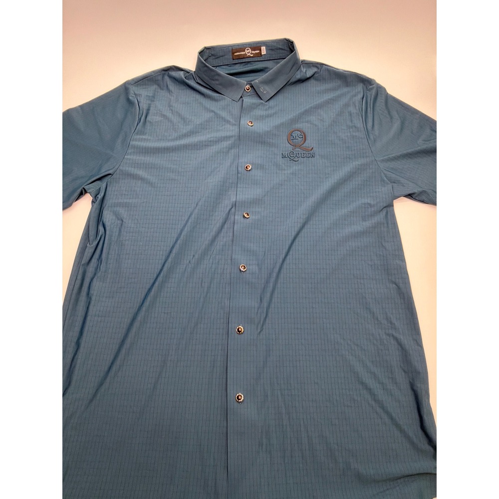 Alexander McQueen Mens Teal Blue Micro Grid Short Sleeve Button Down Shirt 4XL